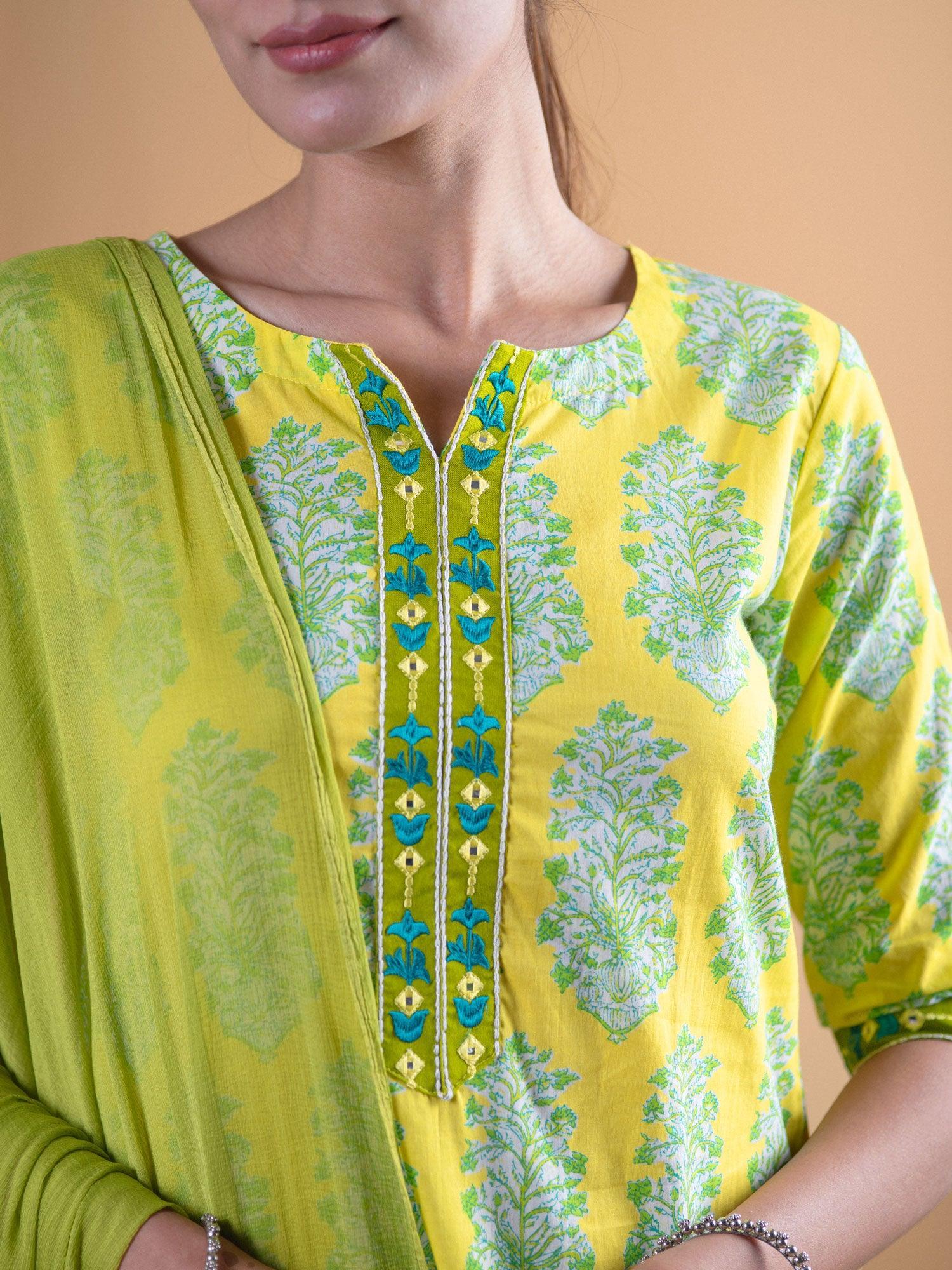 Green Printed Cotton Suit Set