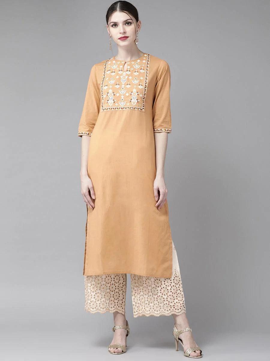 Beige Embroidered Cotton Kurta Set