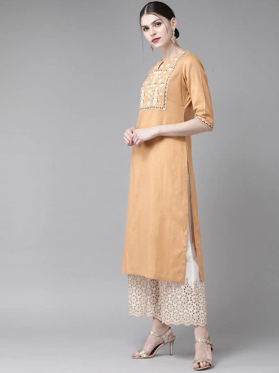 Beige Embroidered Cotton Kurta Set