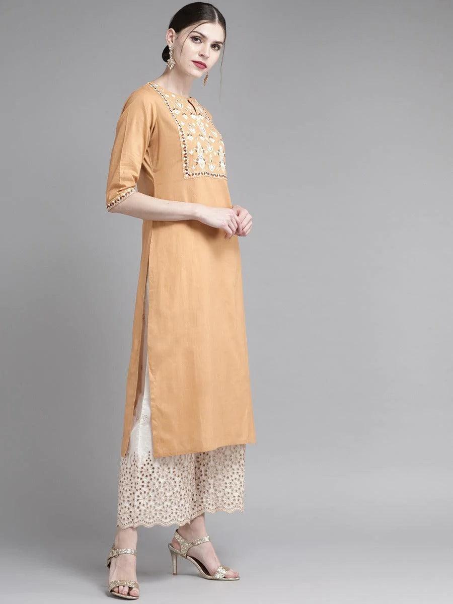 Beige Embroidered Cotton Kurta Set