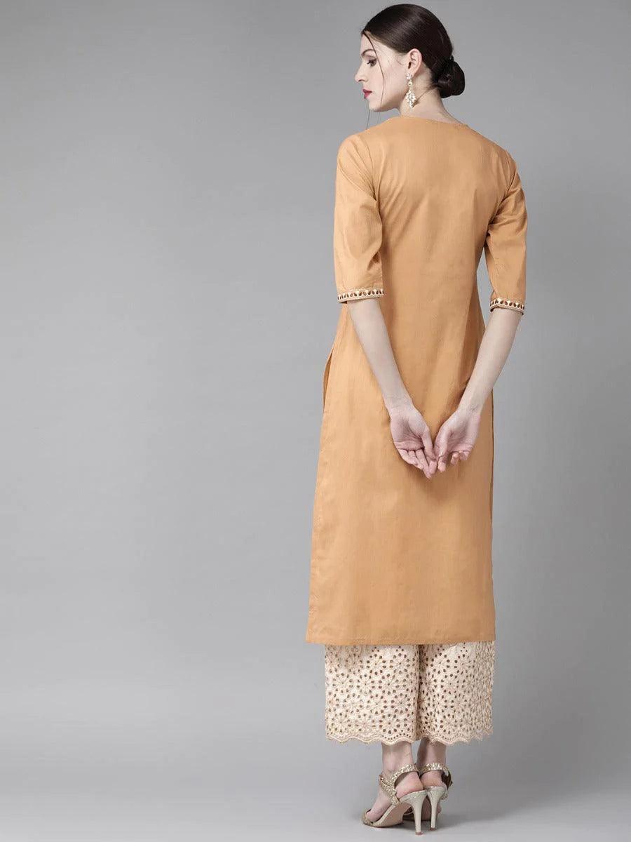 Beige Embroidered Cotton Kurta Set