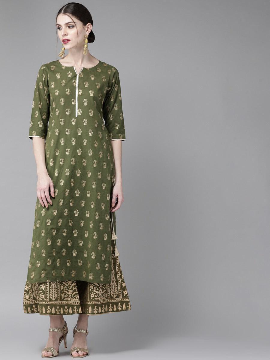 Olive Green Printed Cotton Kurta Set