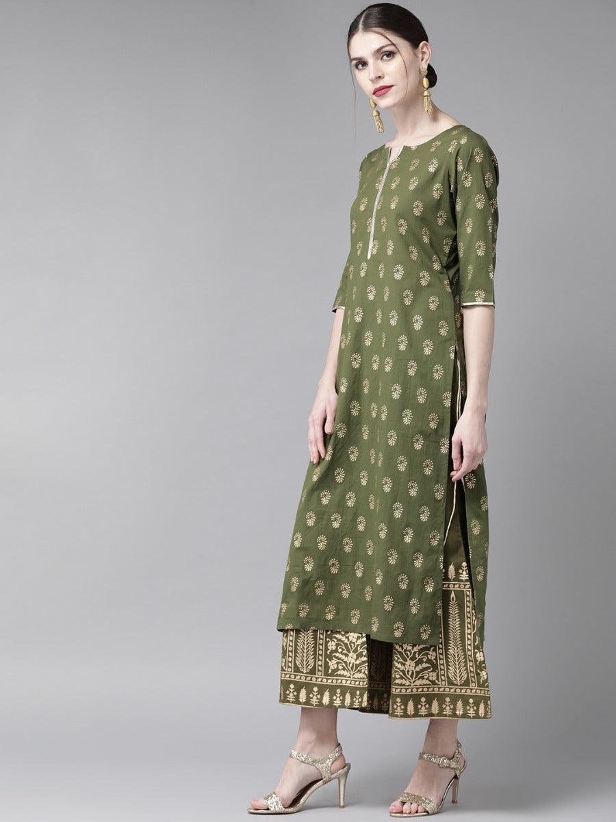 Olive Green Printed Cotton Kurta Set