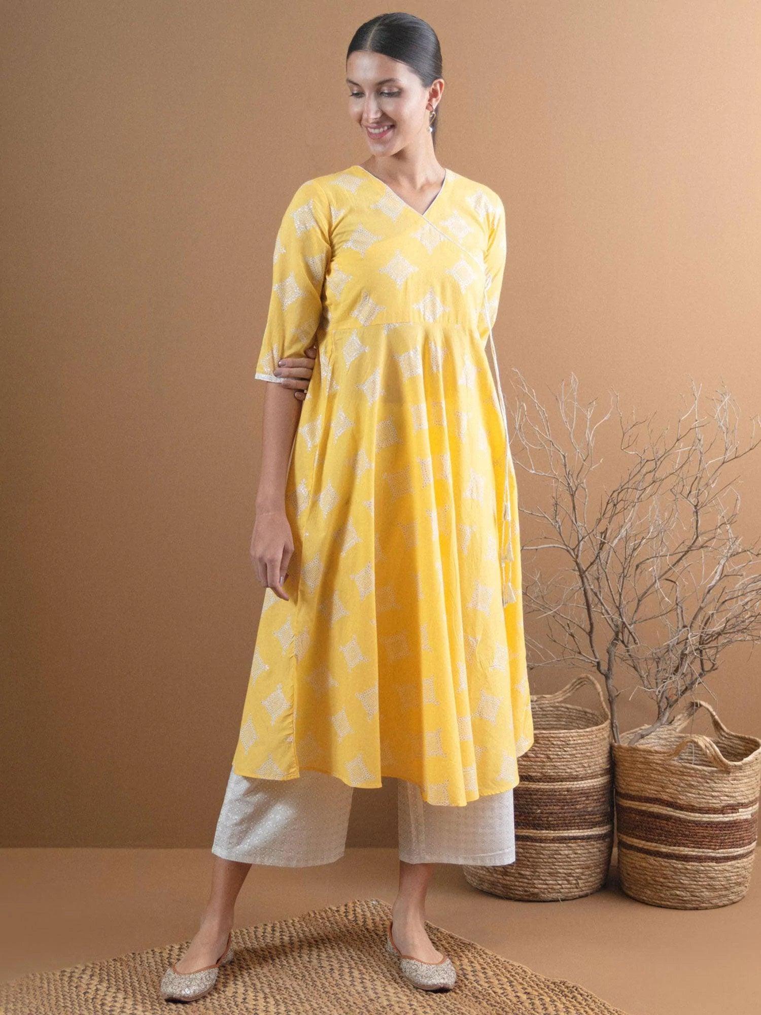 Yellow Printed Cotton Kurta Set