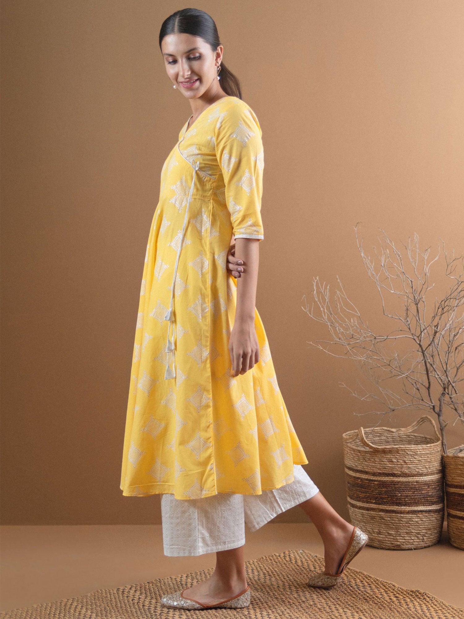 Yellow Printed Cotton Kurta Set