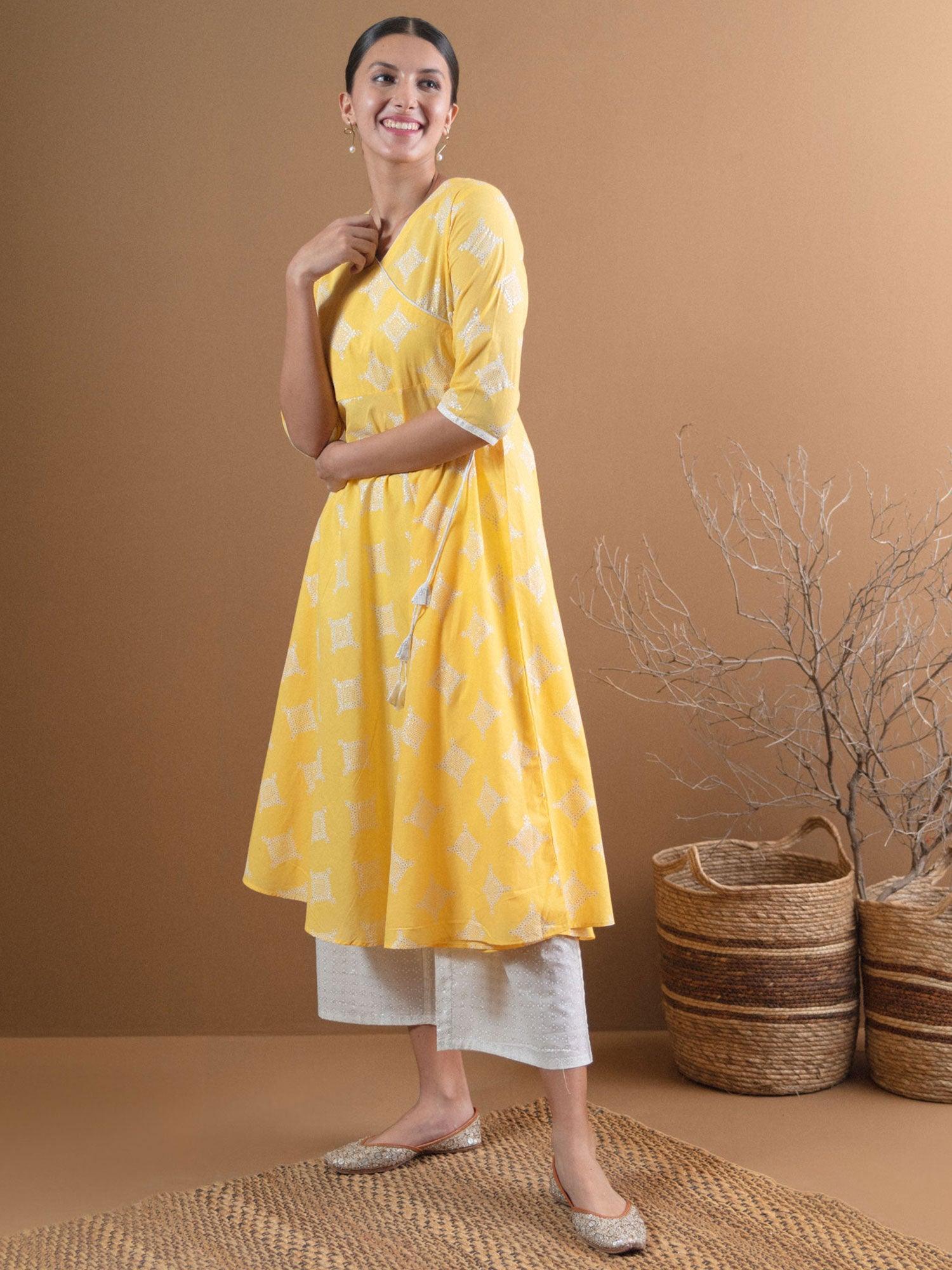 Yellow Printed Cotton Kurta Set