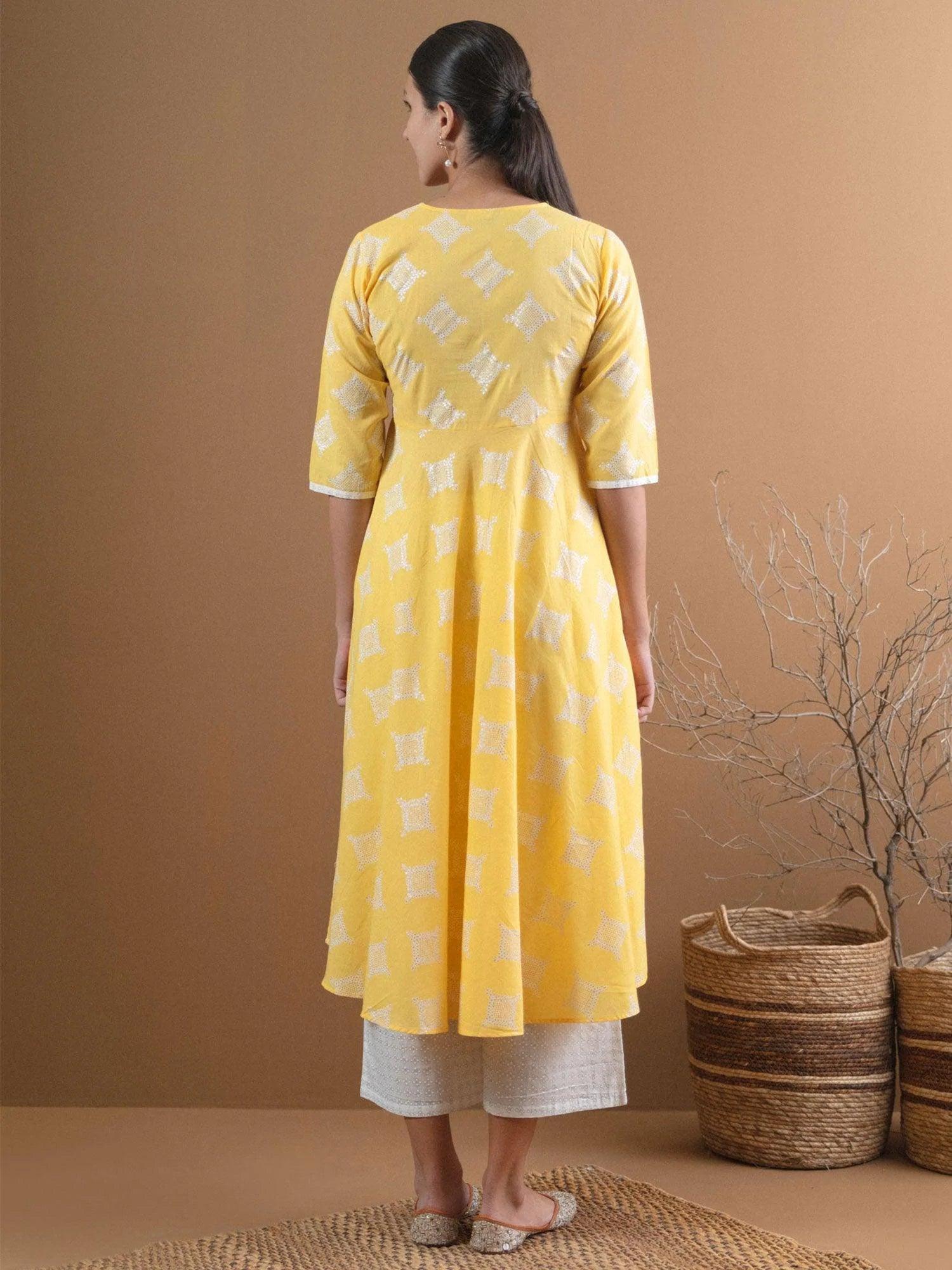 Yellow Printed Cotton Kurta Set