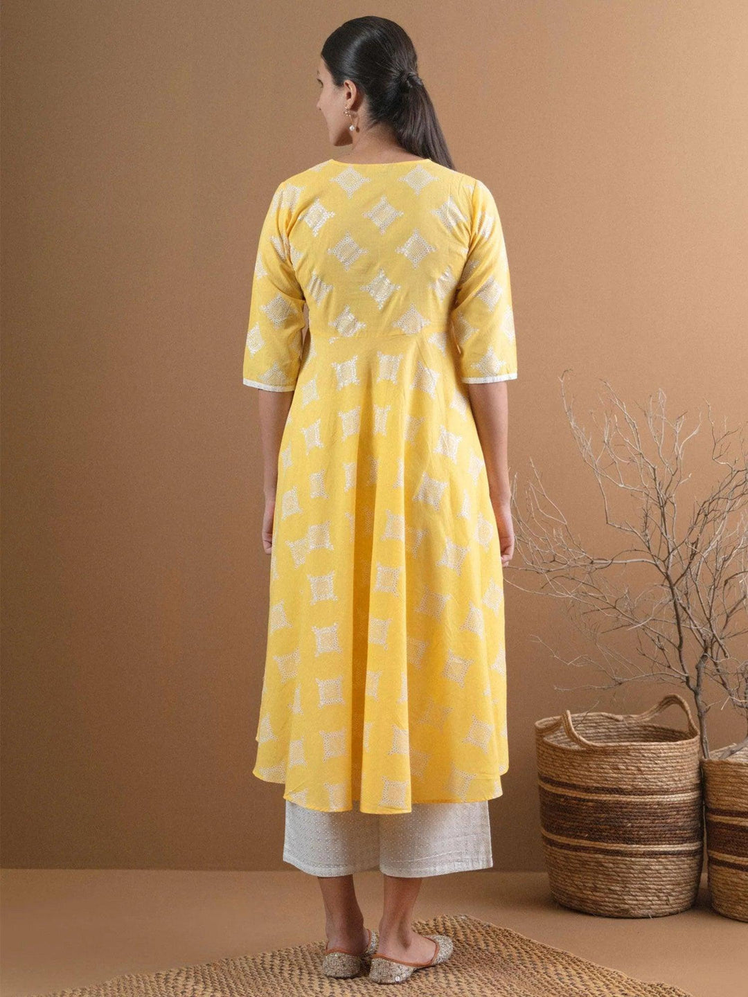 Yellow Printed Cotton Kurta Set - ShopLibas