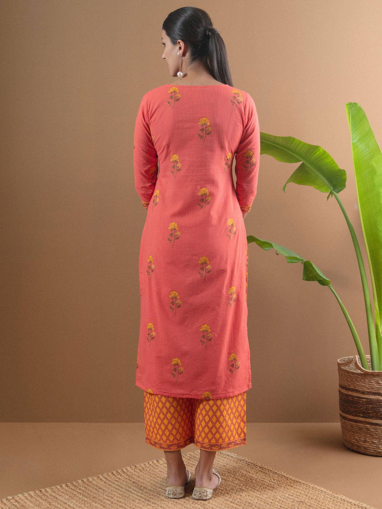 Multicoloured Printed Cotton Kurta Set With Mask