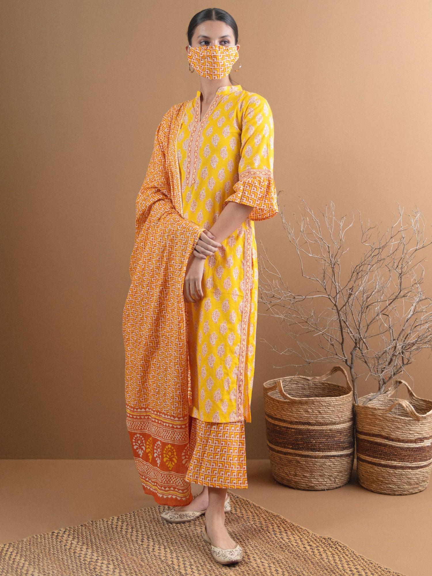 Yellow Printed Cotton Suit Set With Mask