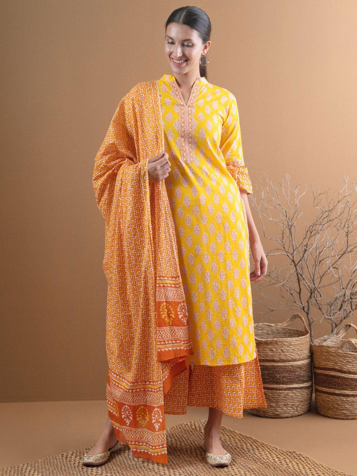 Yellow Printed Cotton Suit Set With Mask