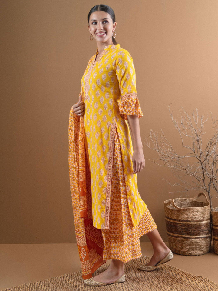 Yellow Printed Cotton Suit Set With Mask - ShopLibas