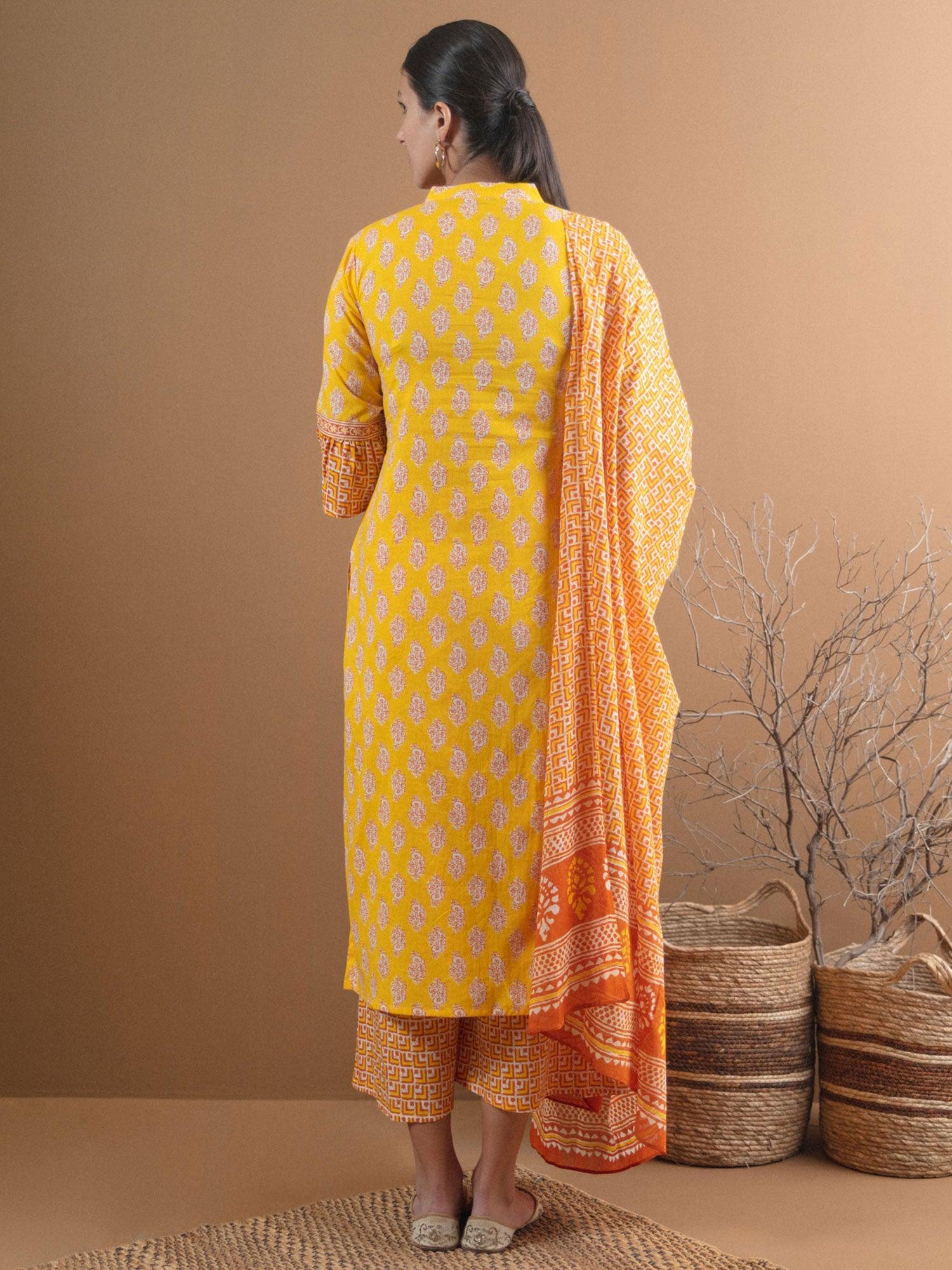 Yellow Printed Cotton Suit Set With Mask