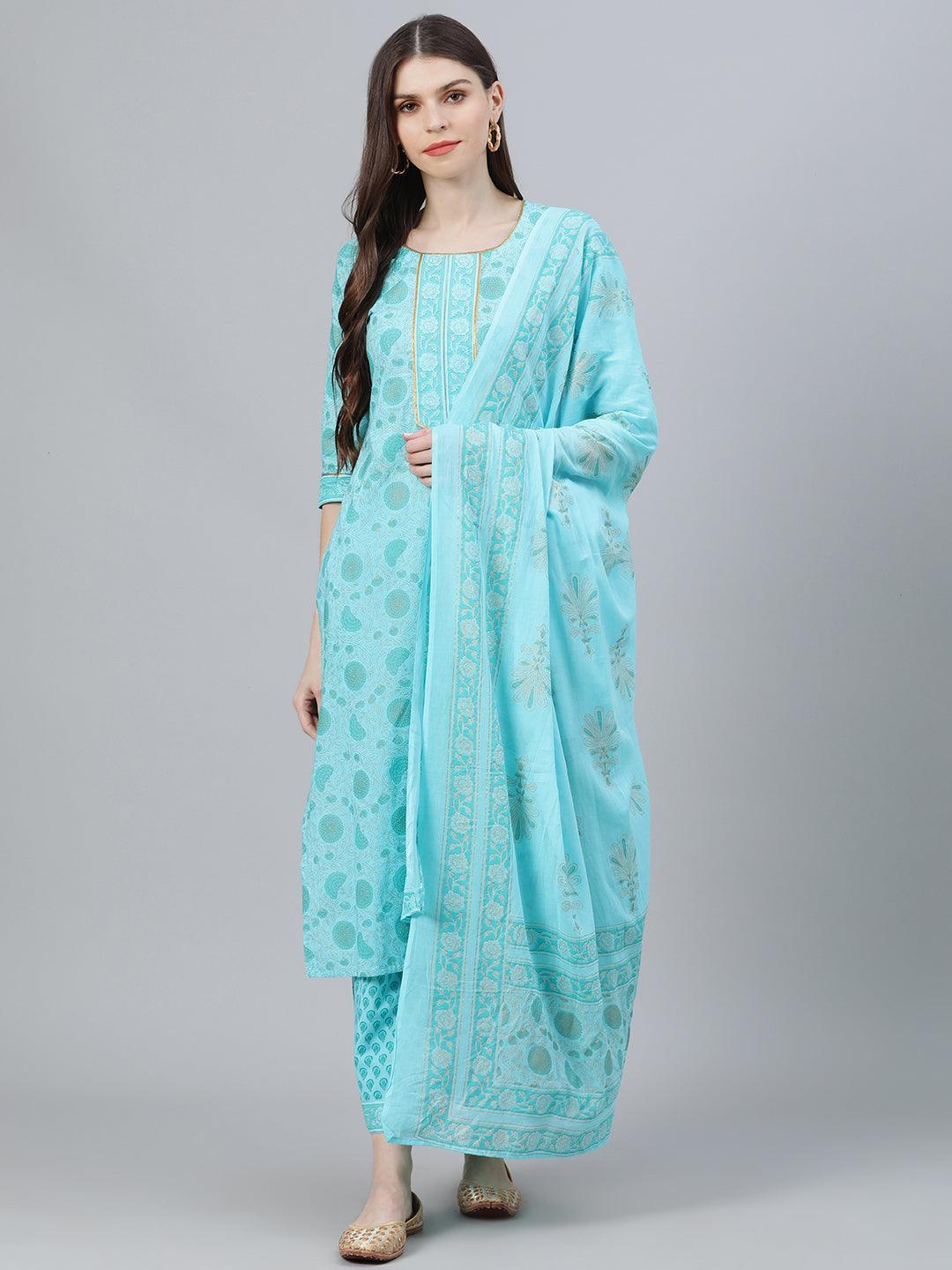 Blue Printed Cotton Suit Set - ShopLibas