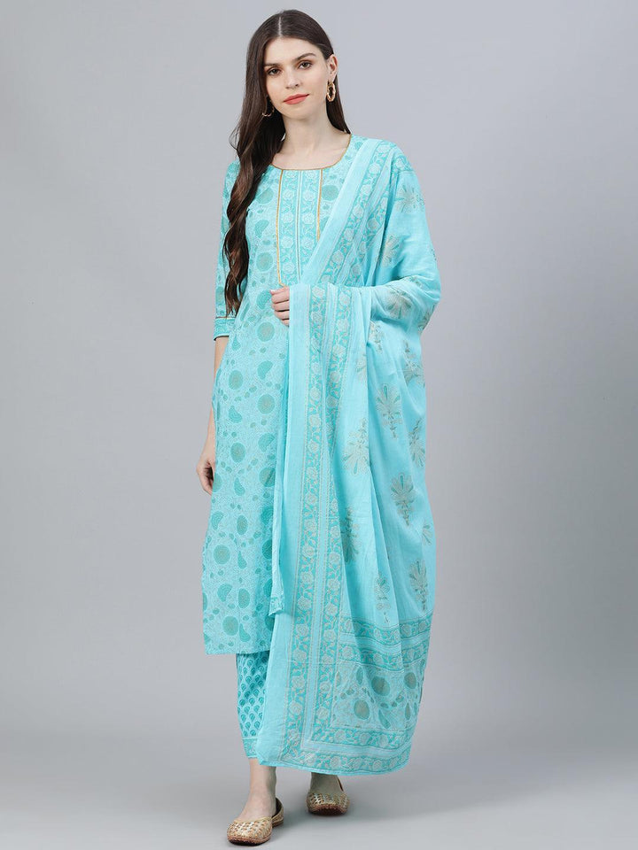 Blue Printed Cotton Suit Set - ShopLibas