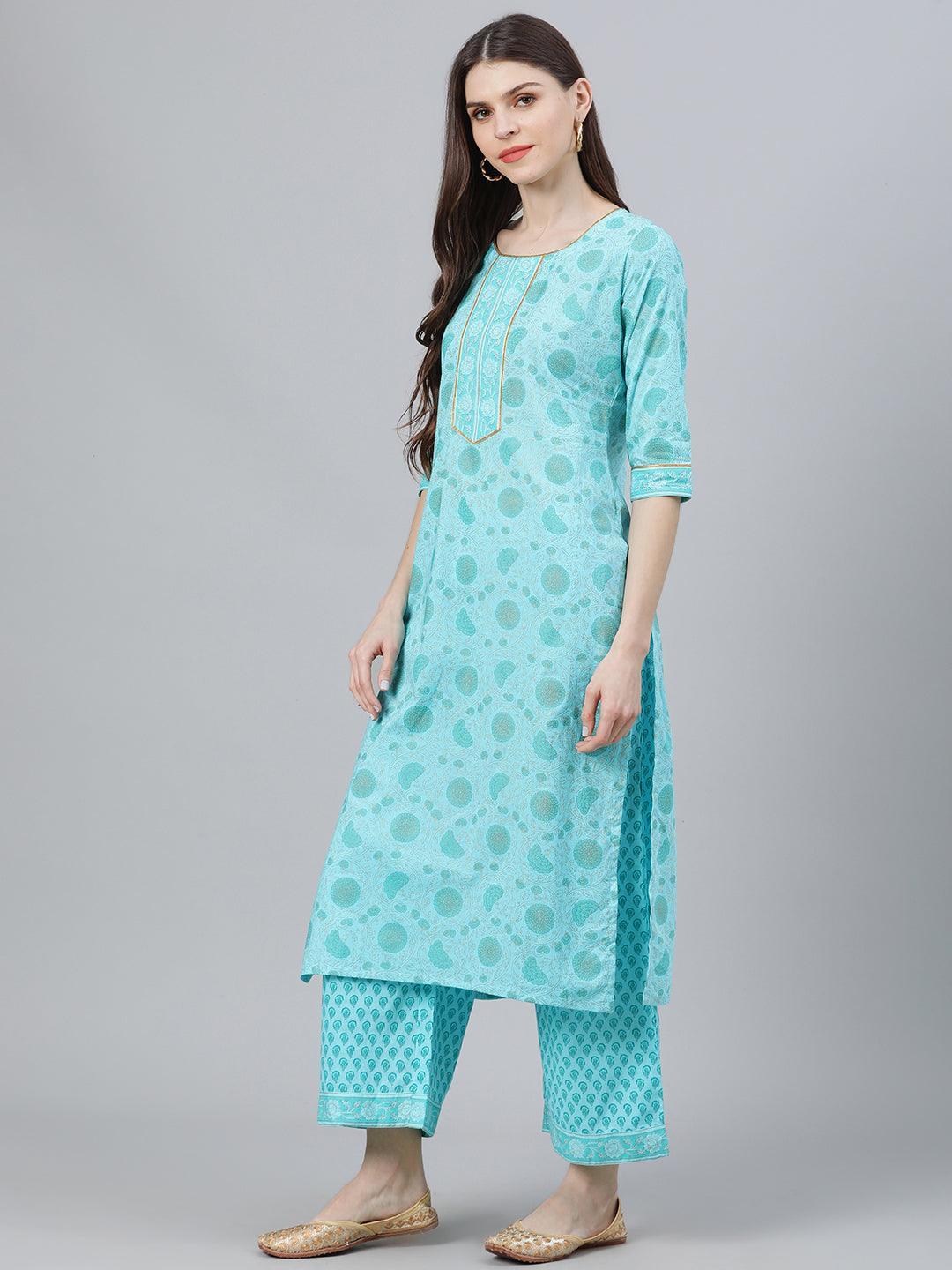 Blue Printed Cotton Suit Set