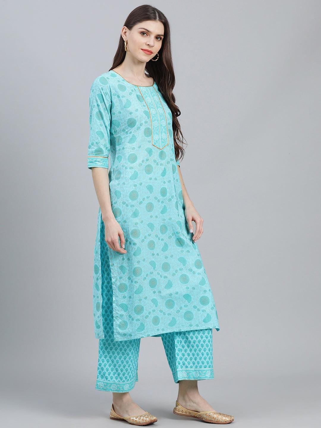 Blue Printed Cotton Suit Set