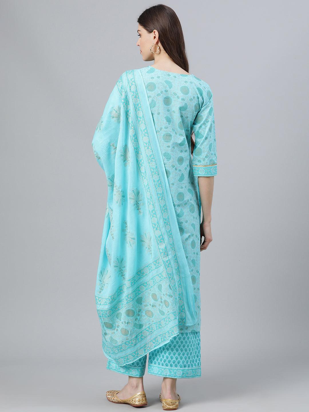 Blue Printed Cotton Suit Set - ShopLibas