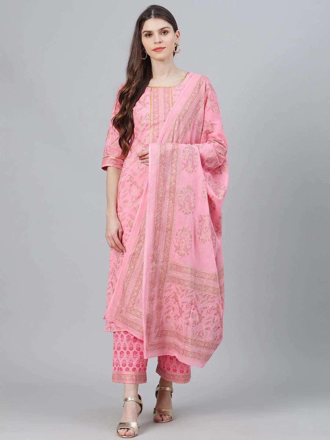 Pink Printed Cotton Suit Set