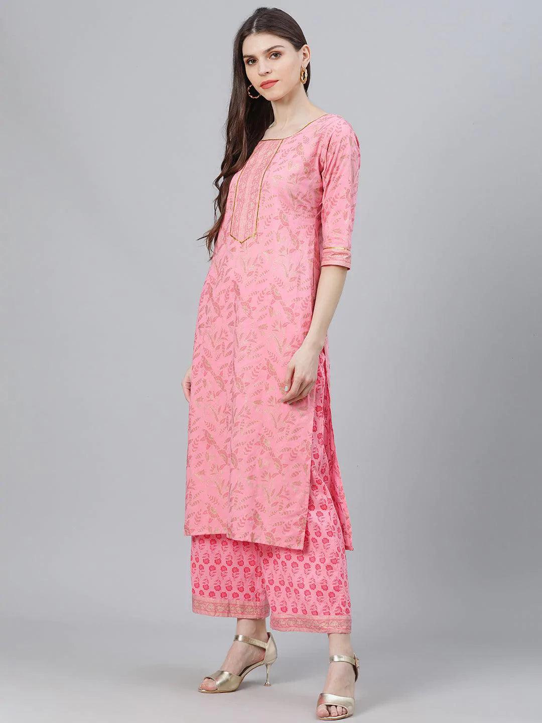 Pink Printed Cotton Suit Set