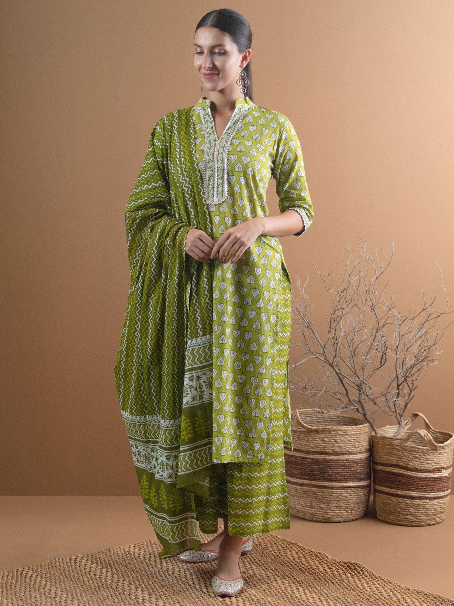 Green Printed Cotton Suit Set