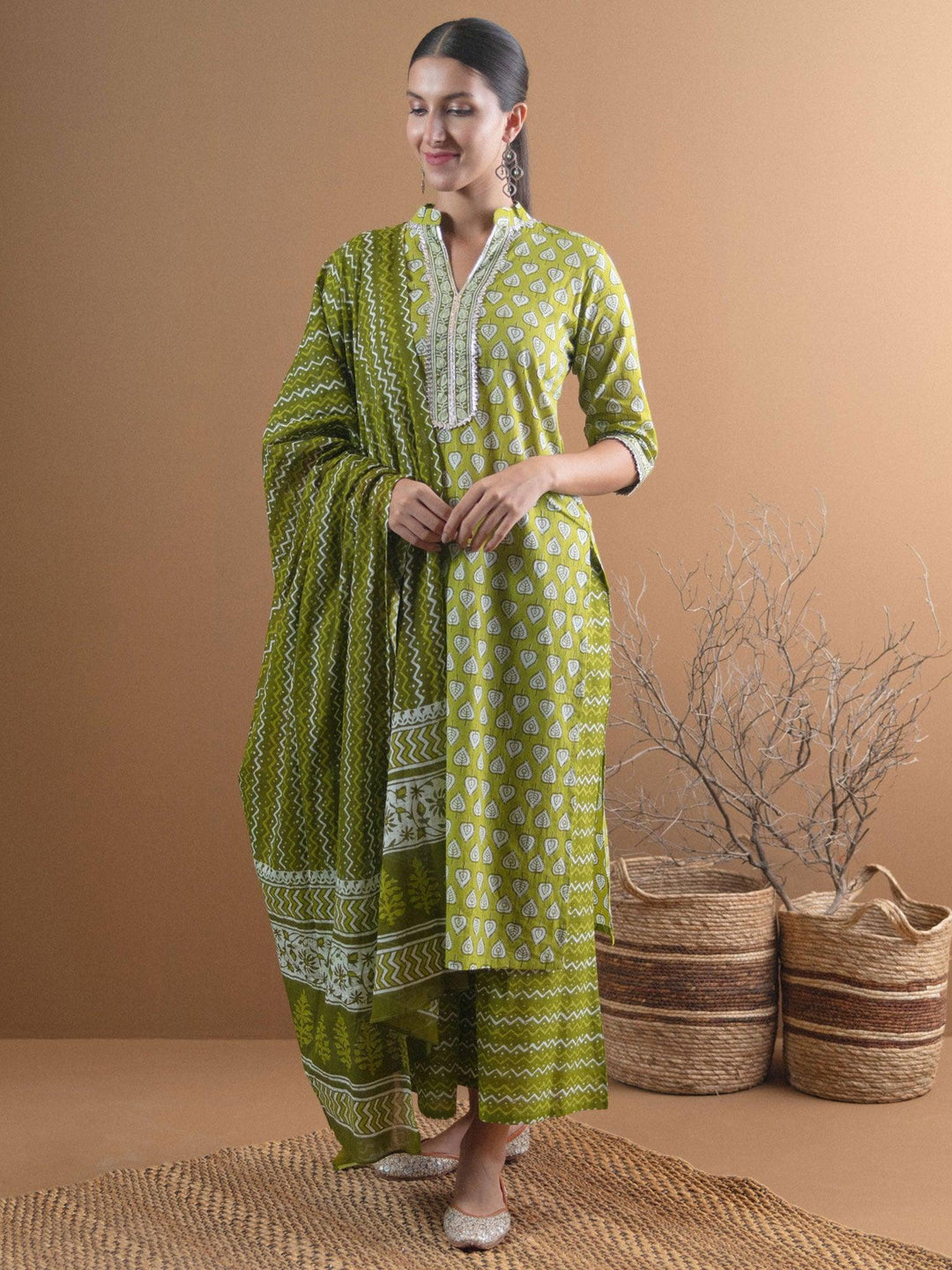 Green Printed Cotton Suit Set - ShopLibas