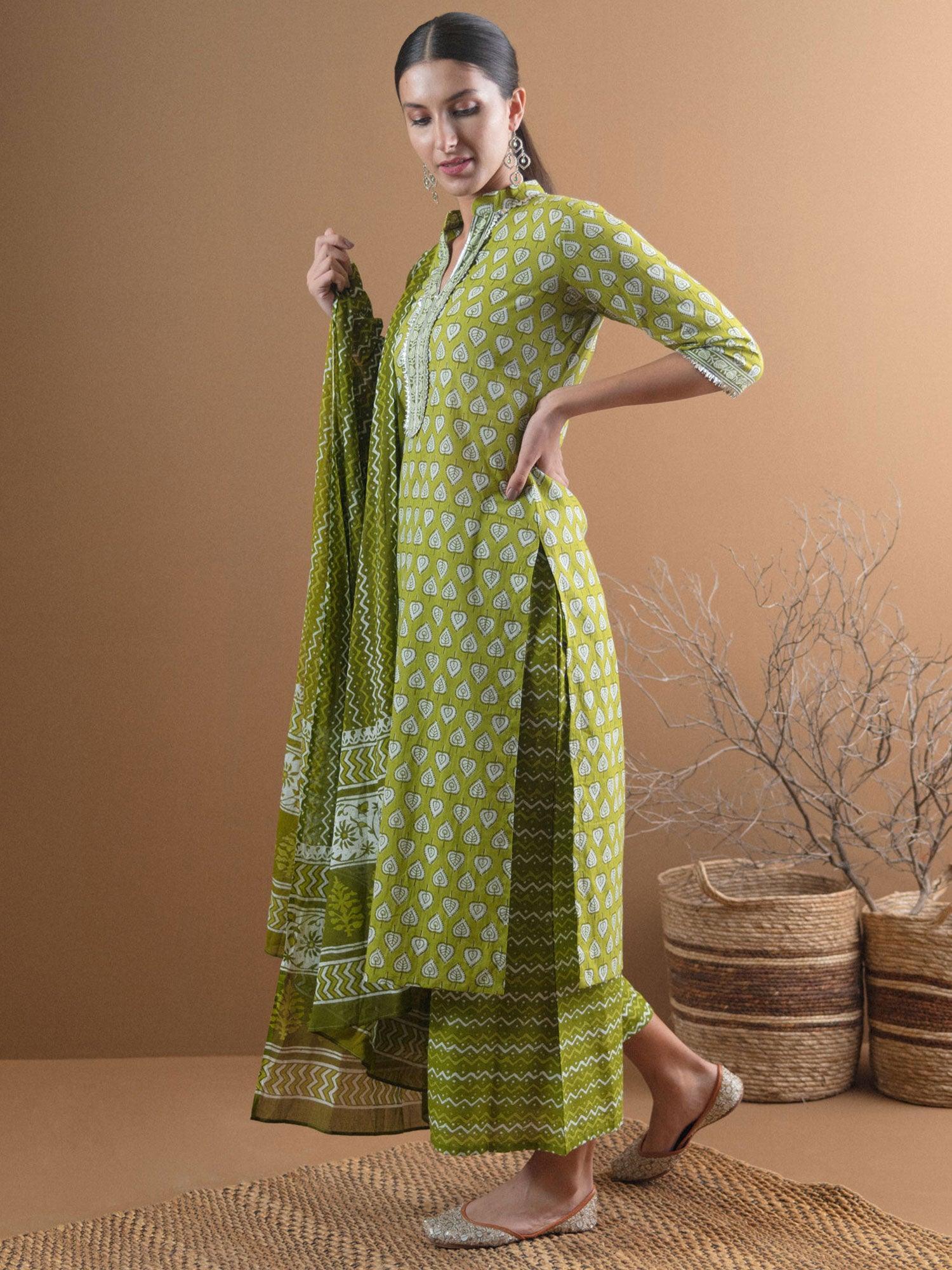 Green Printed Cotton Suit Set