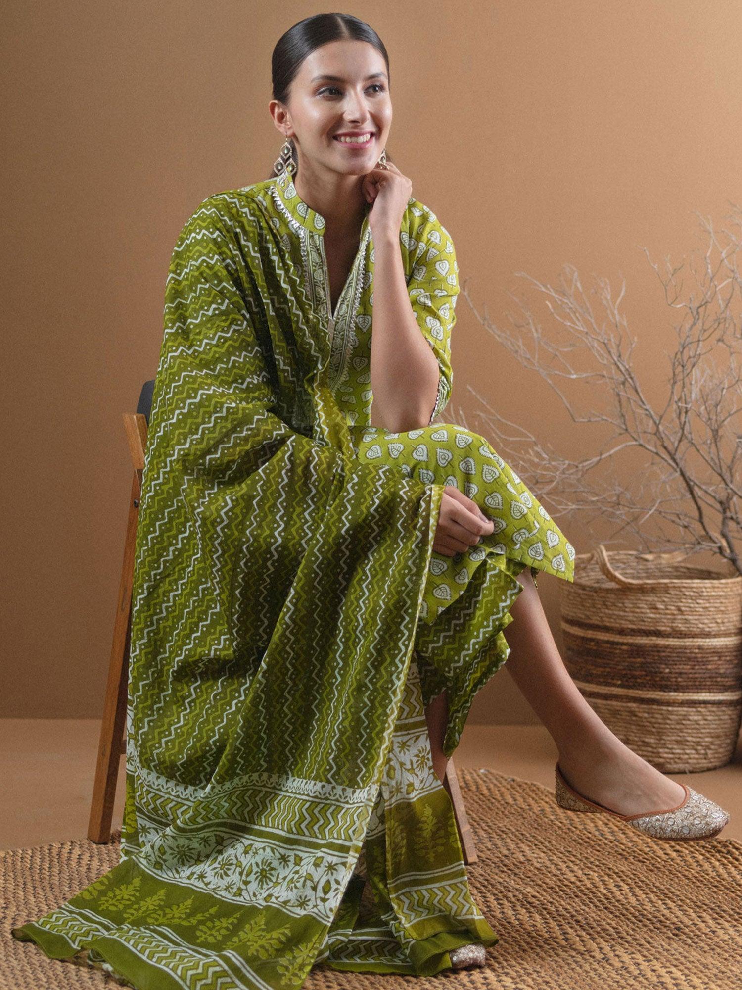 Green Printed Cotton Suit Set