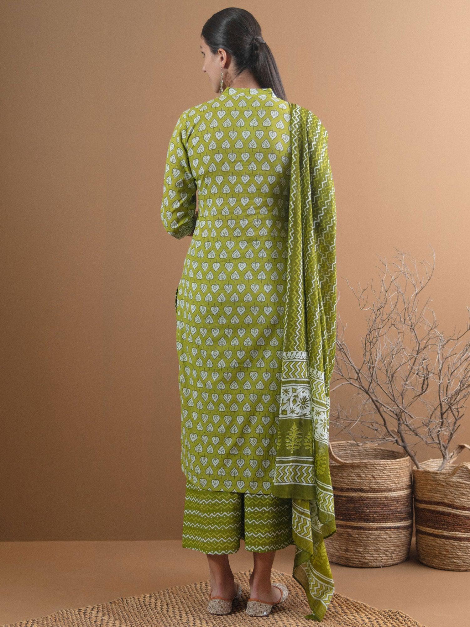 Green Printed Cotton Suit Set