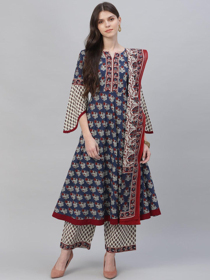 Navy Blue Printed Cotton Suit Set - ShopLibas