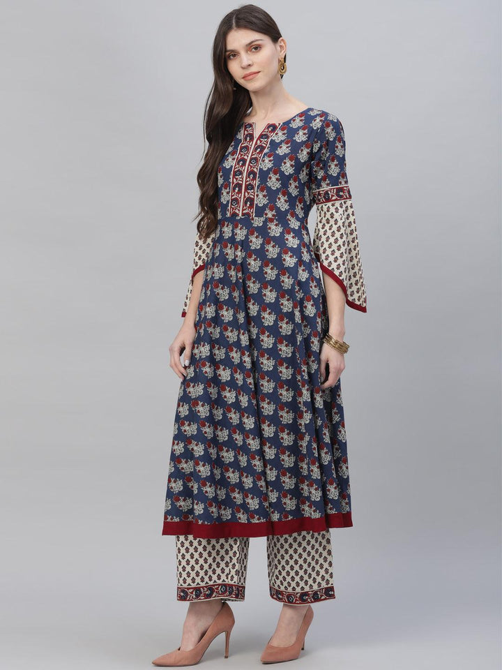 Navy Blue Printed Cotton Suit Set - ShopLibas