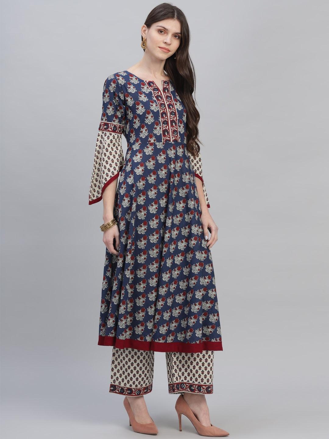 Navy Blue Printed Cotton Suit Set