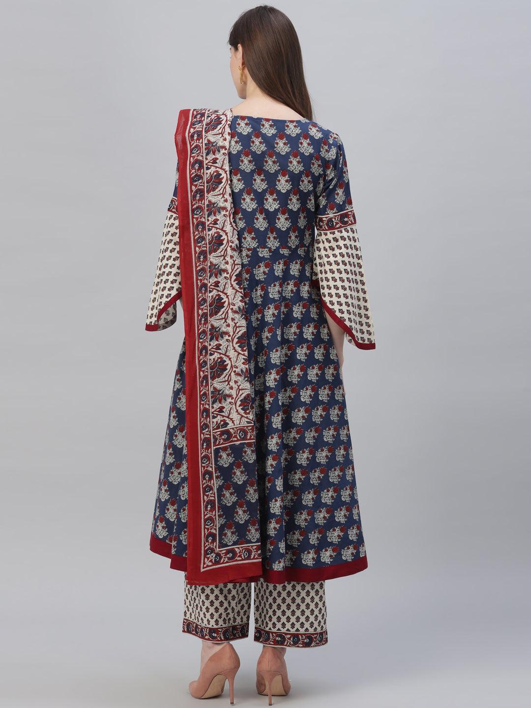 Navy Blue Printed Cotton Suit Set - ShopLibas