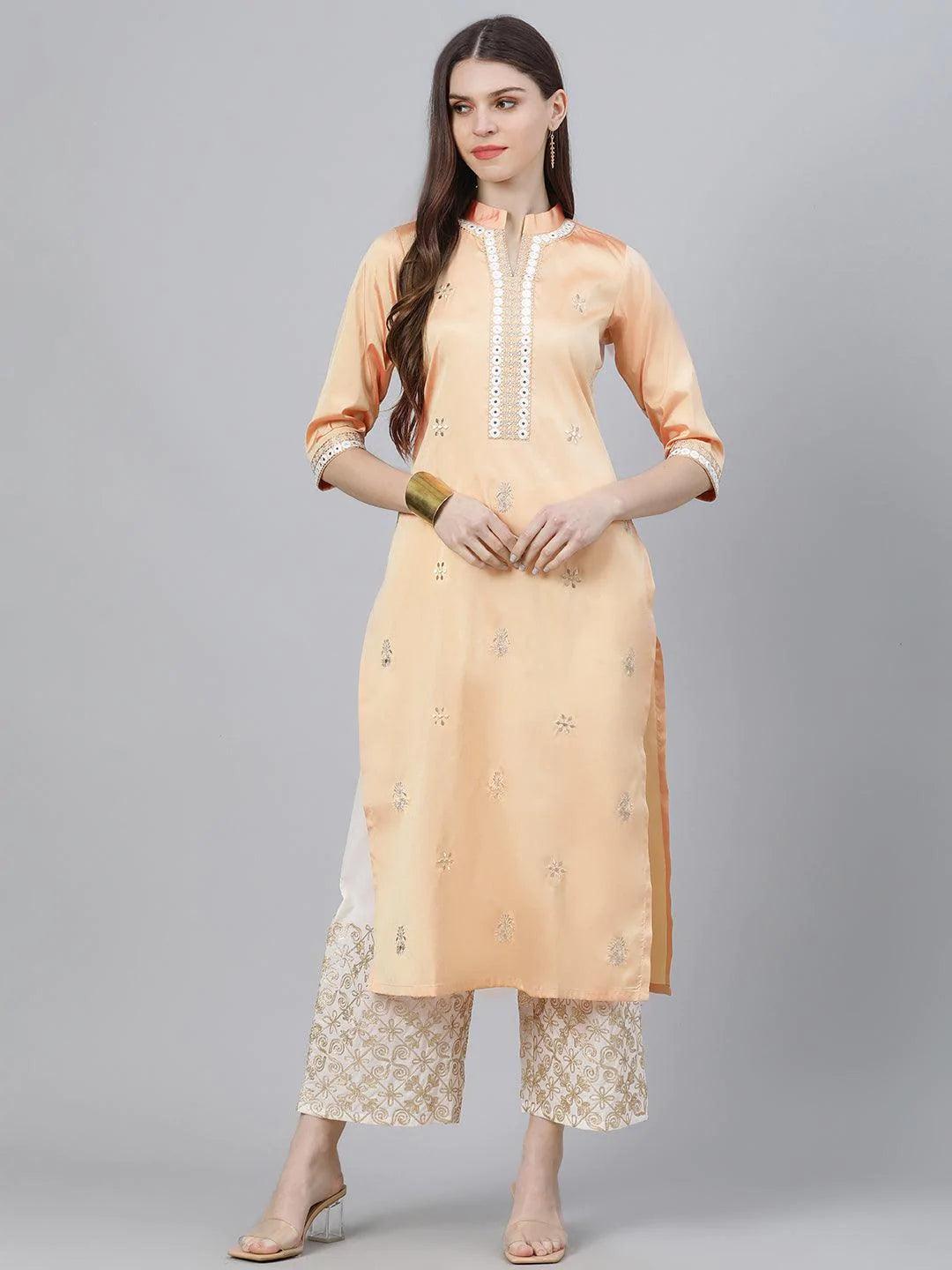 Peach Embroidered Chanderi Kurta Set