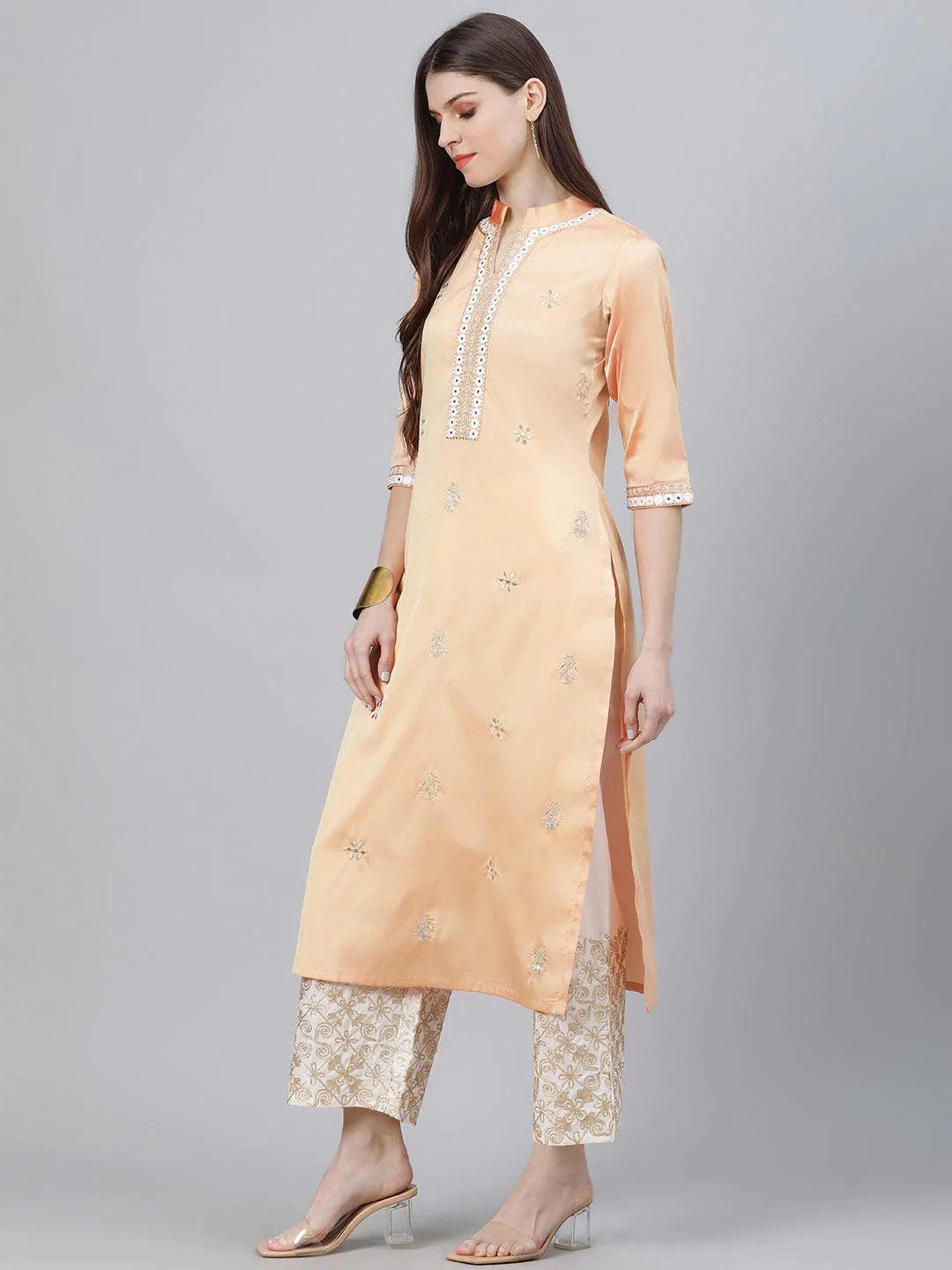 Peach Embroidered Chanderi Kurta Set