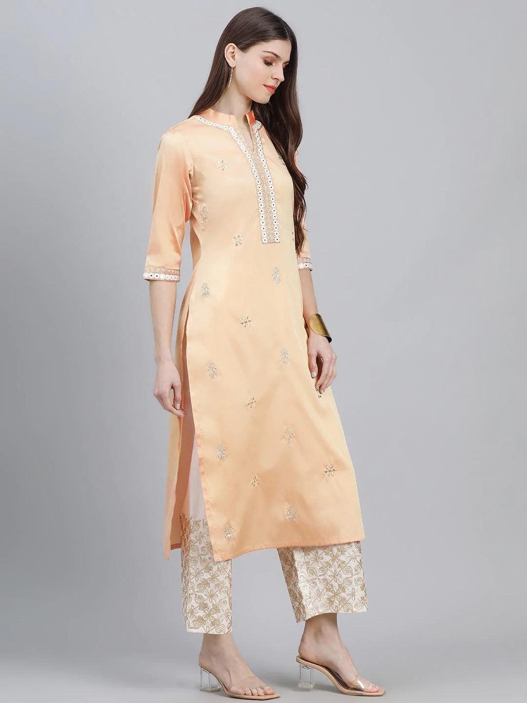 Peach Embroidered Chanderi Kurta Set