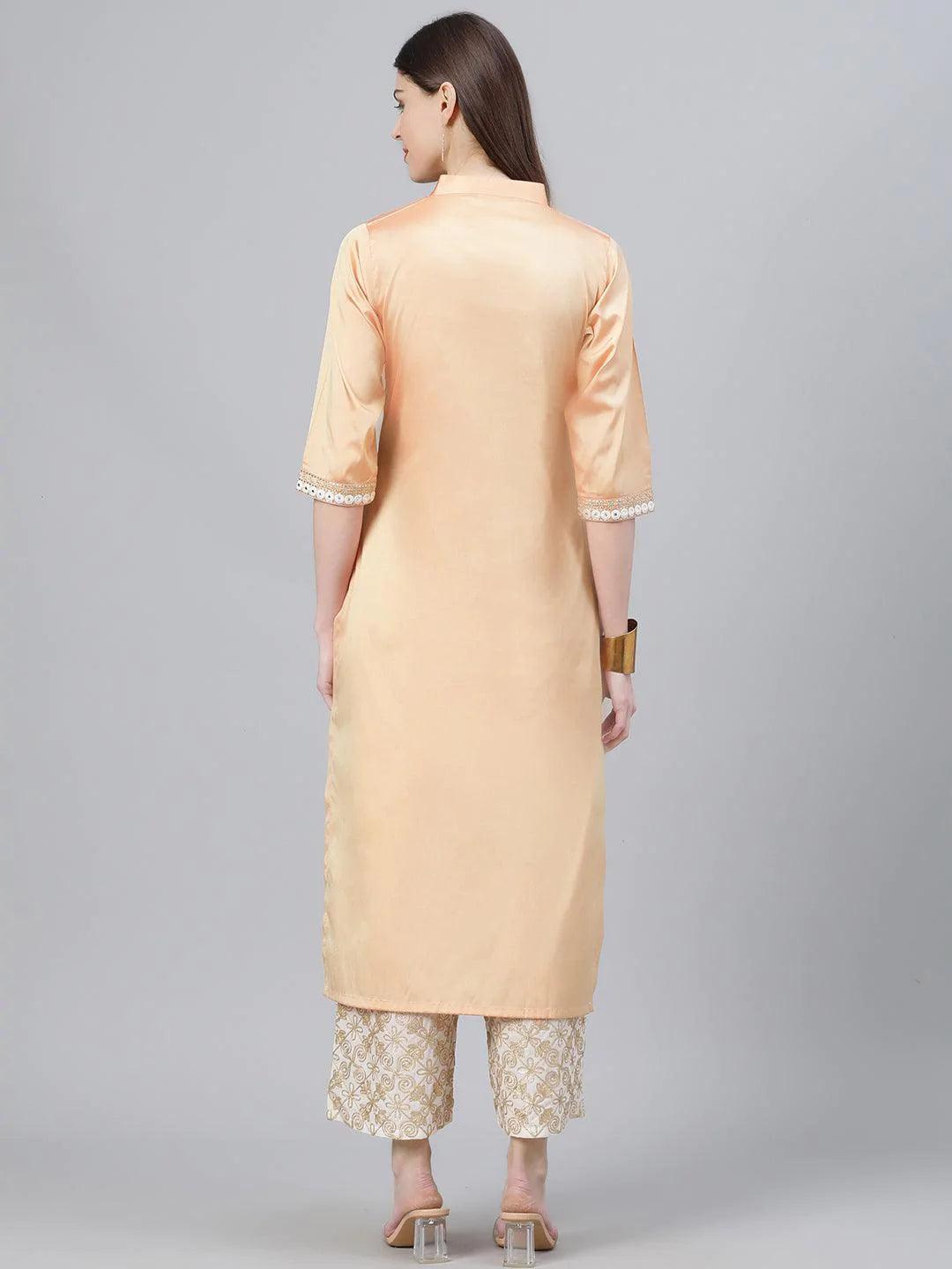 Peach Embroidered Chanderi Kurta Set