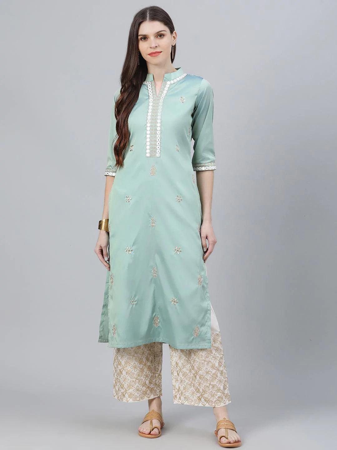 Green Embroidered Chanderi Kurta Set - ShopLibas