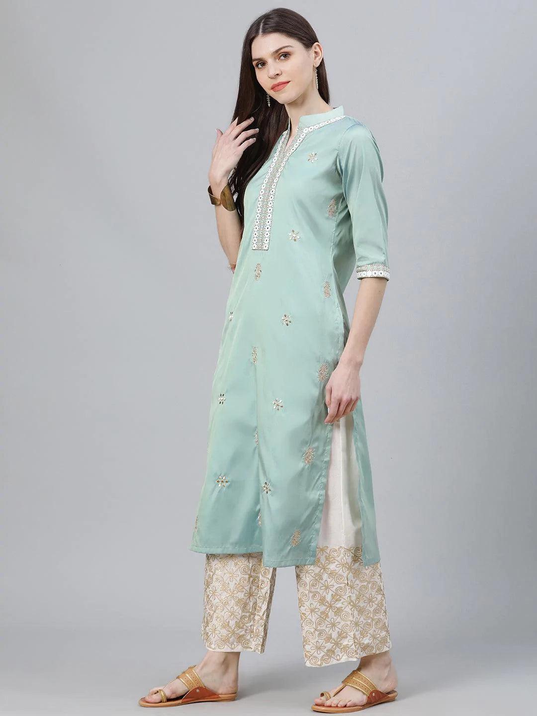 Green Embroidered Chanderi Kurta Set