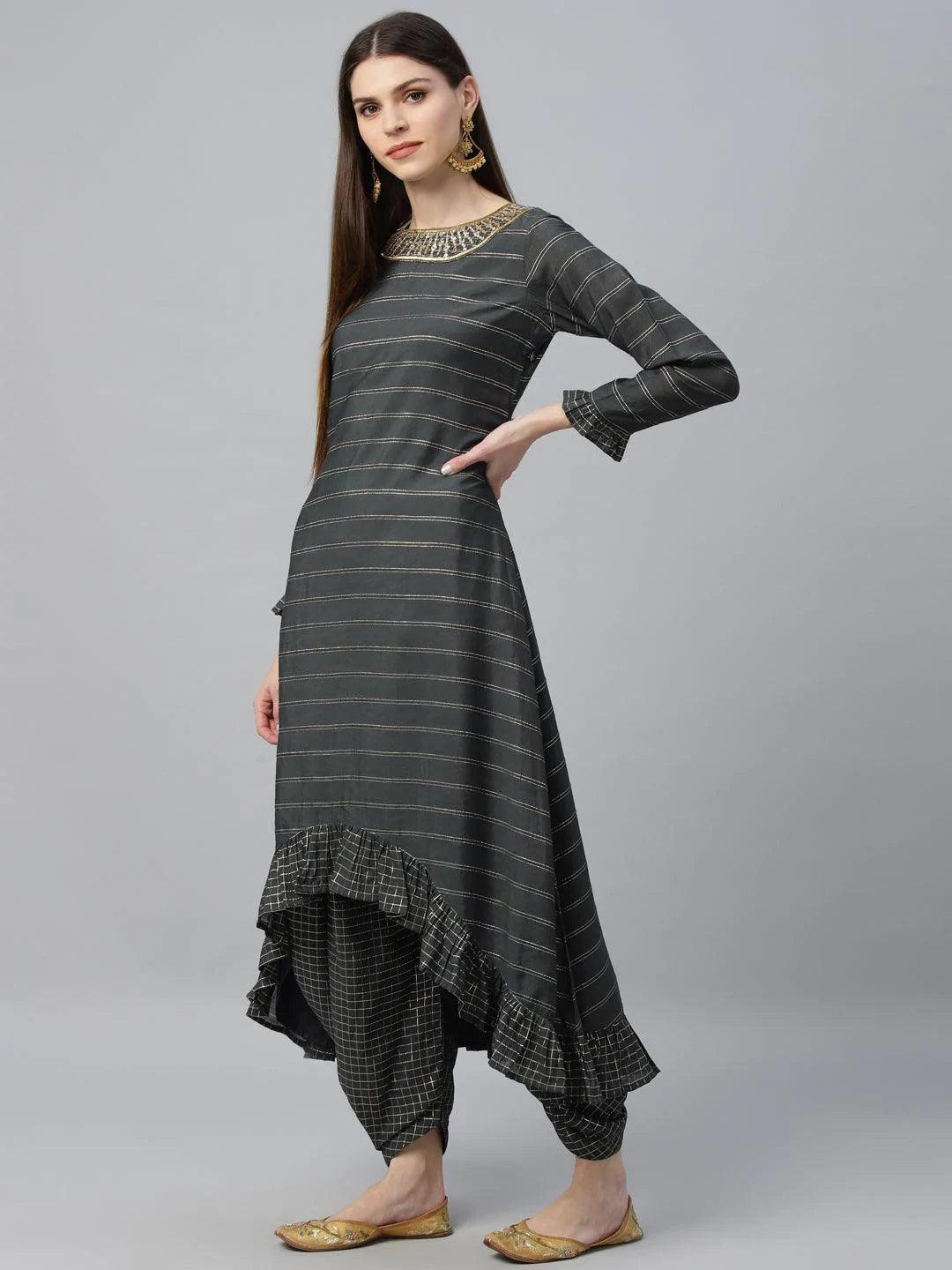 Grey Striped Shantoon Kurta Set - ShopLibas