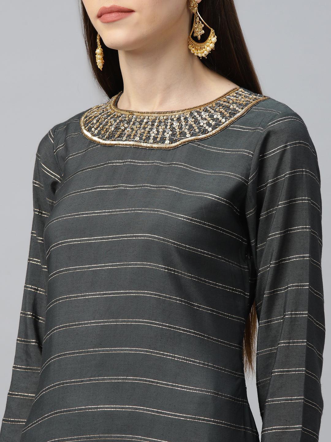 Grey Striped Shantoon Kurta Set - ShopLibas