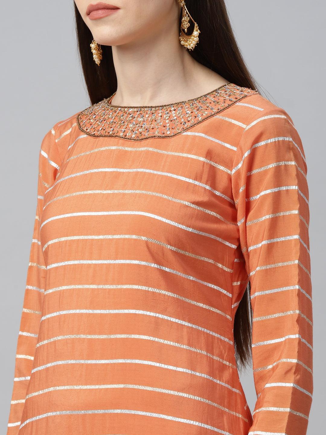 Orange Striped Shantoon Kurta Set