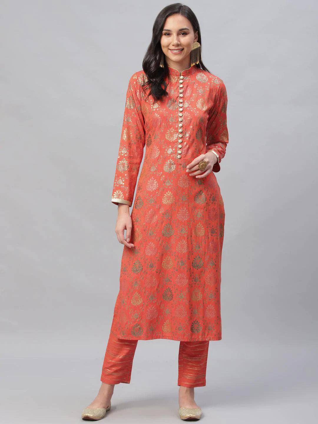 Orange Printed Rayon Kurta Set