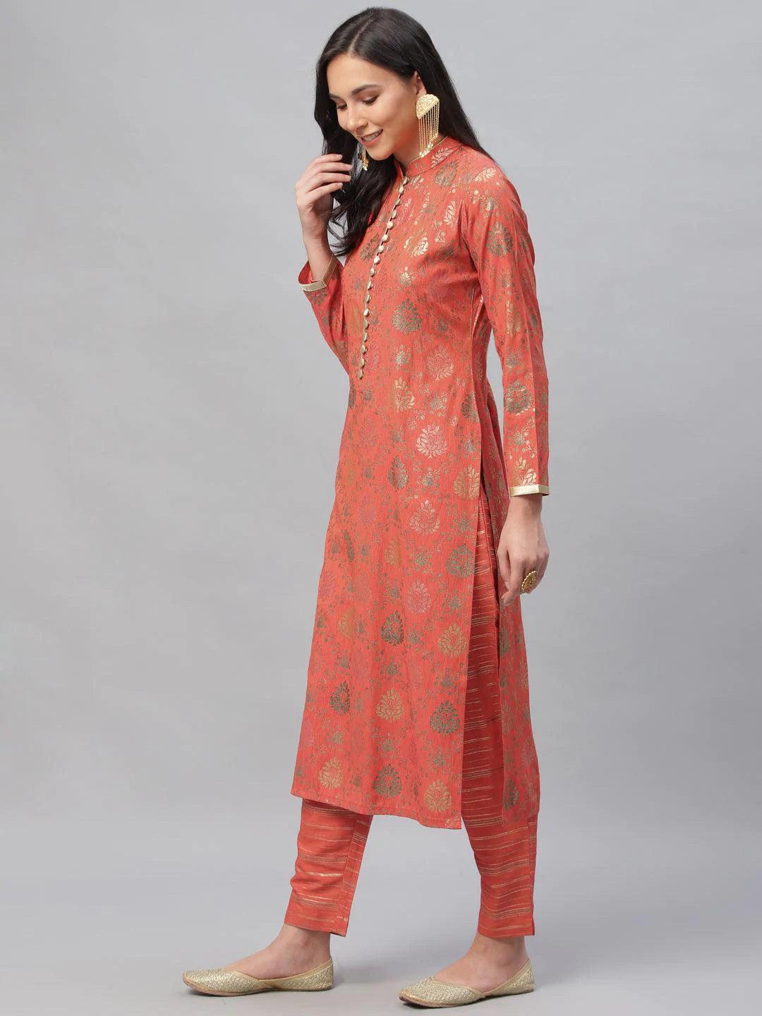 Orange Printed Rayon Kurta Set