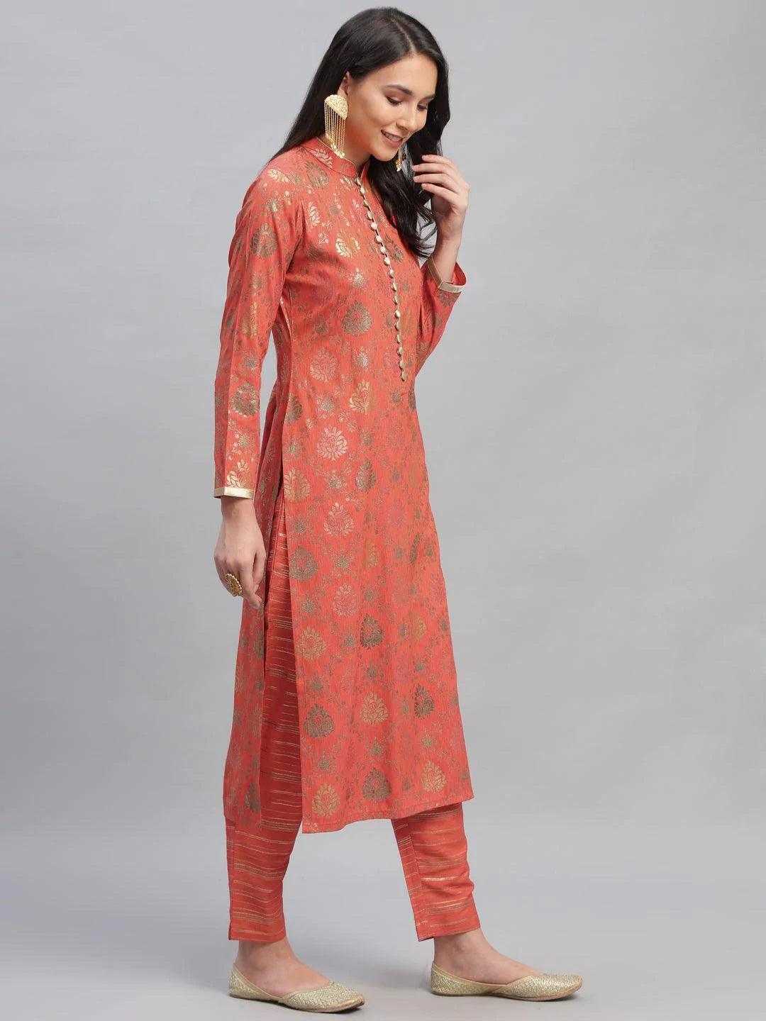 Orange Printed Rayon Kurta Set