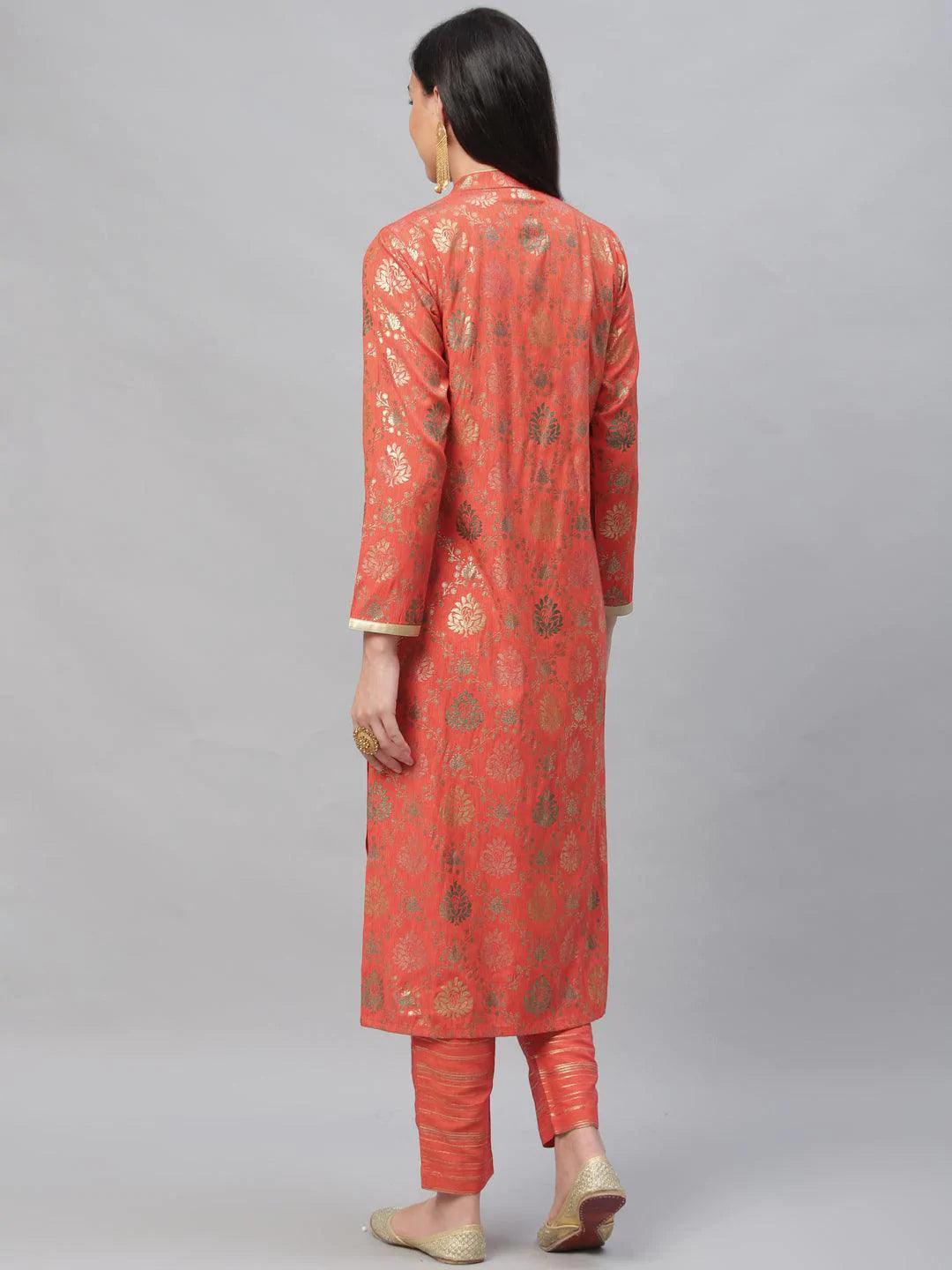 Orange Printed Rayon Kurta Set