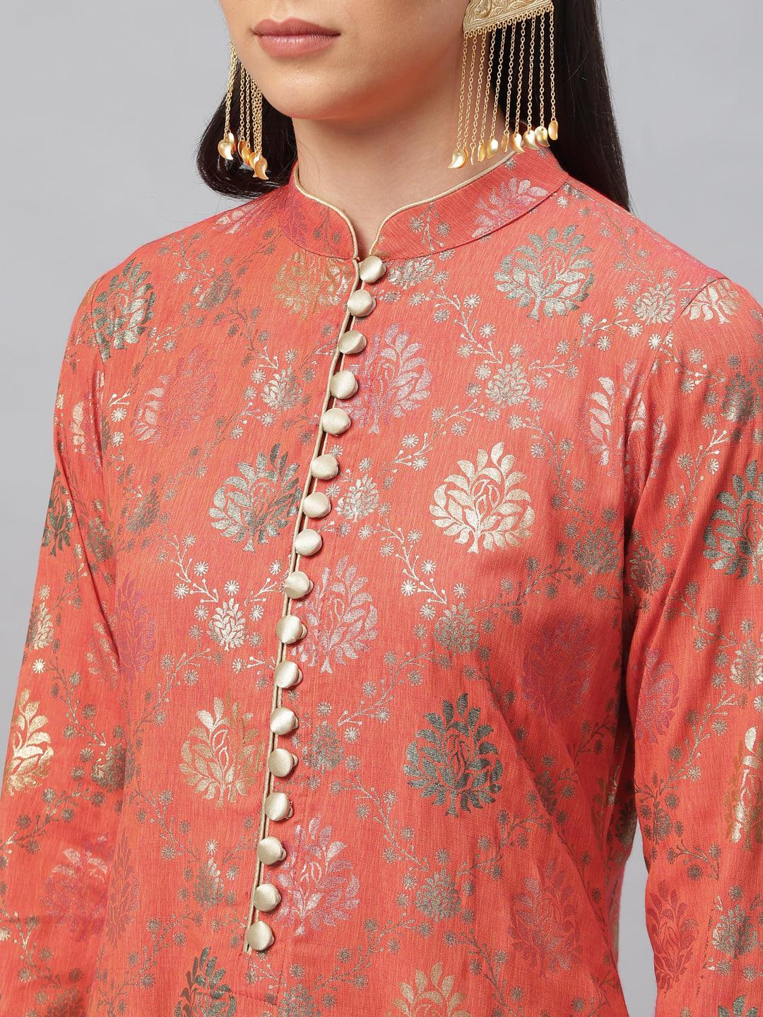 Orange Printed Rayon Kurta Set