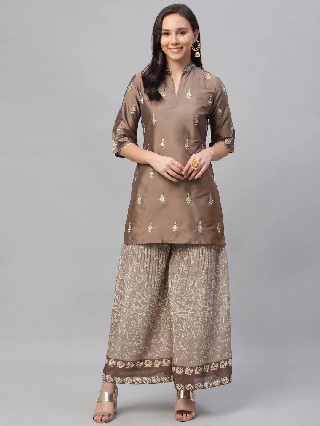 Grey Embroidered Chanderi Kurta Set