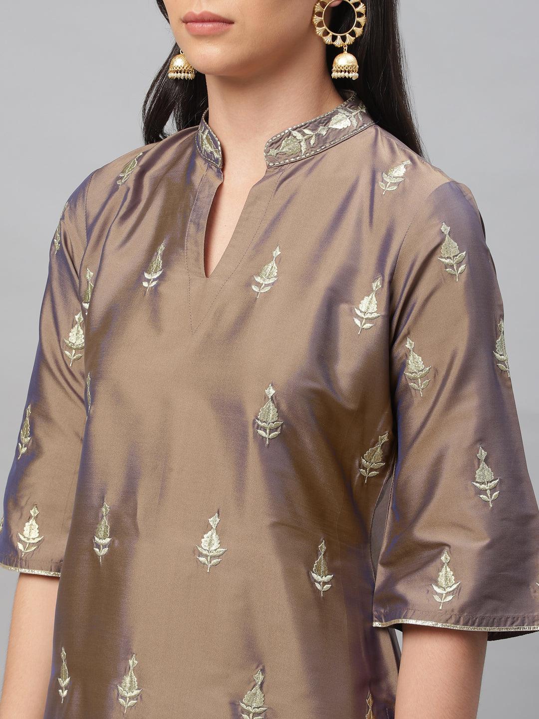 Grey Embroidered Chanderi Kurta Set