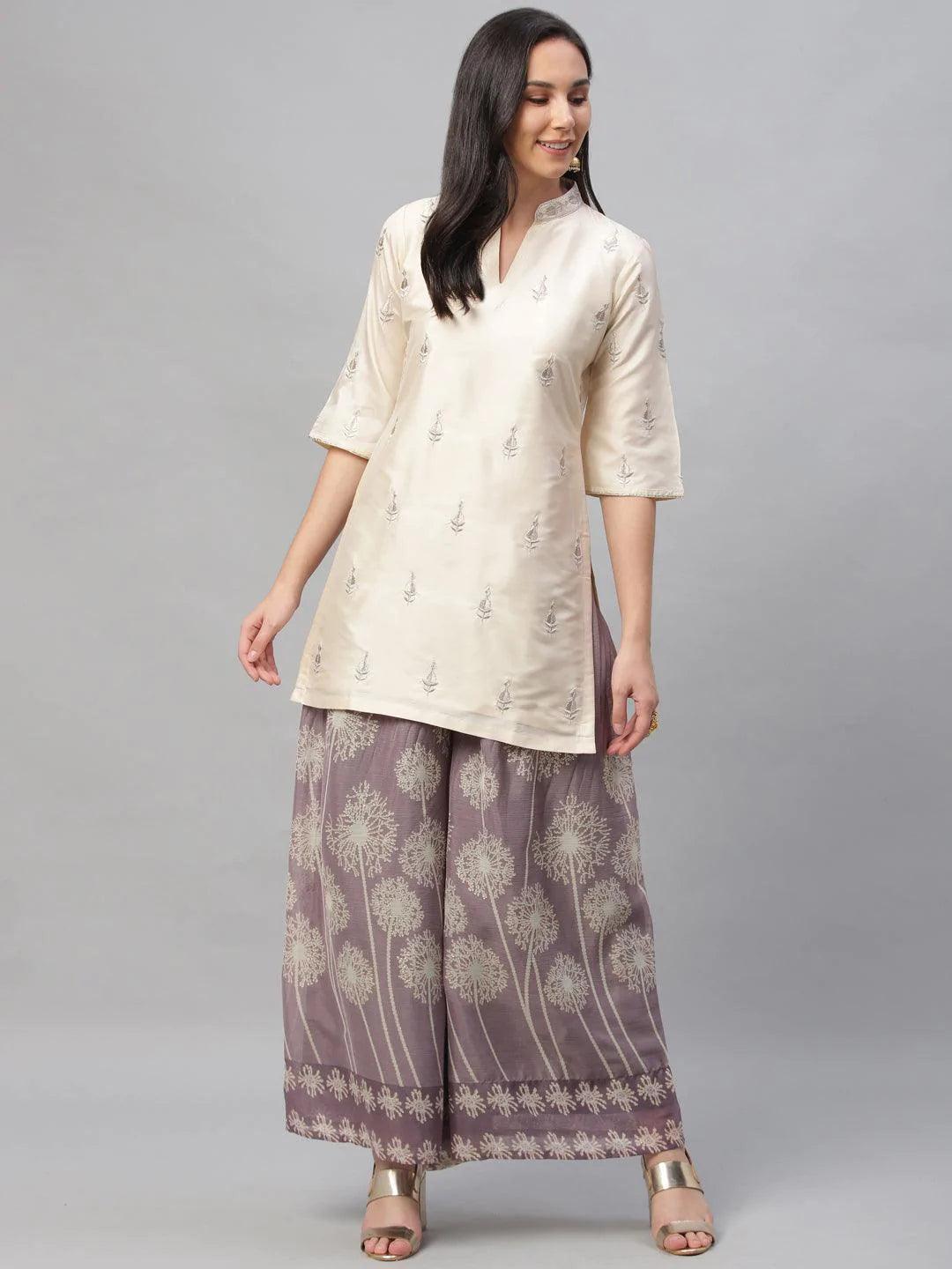 Beige Embroidered Chanderi Kurta Set